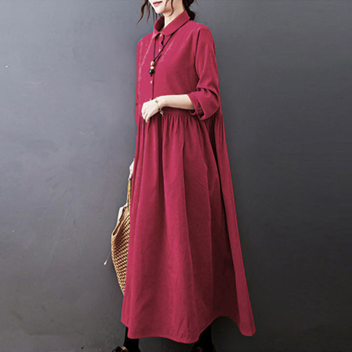 Buddha Stones Fall Buttons Design Long Sleeve Cotton Corduroy Midi Dress With Pockets - image 13
