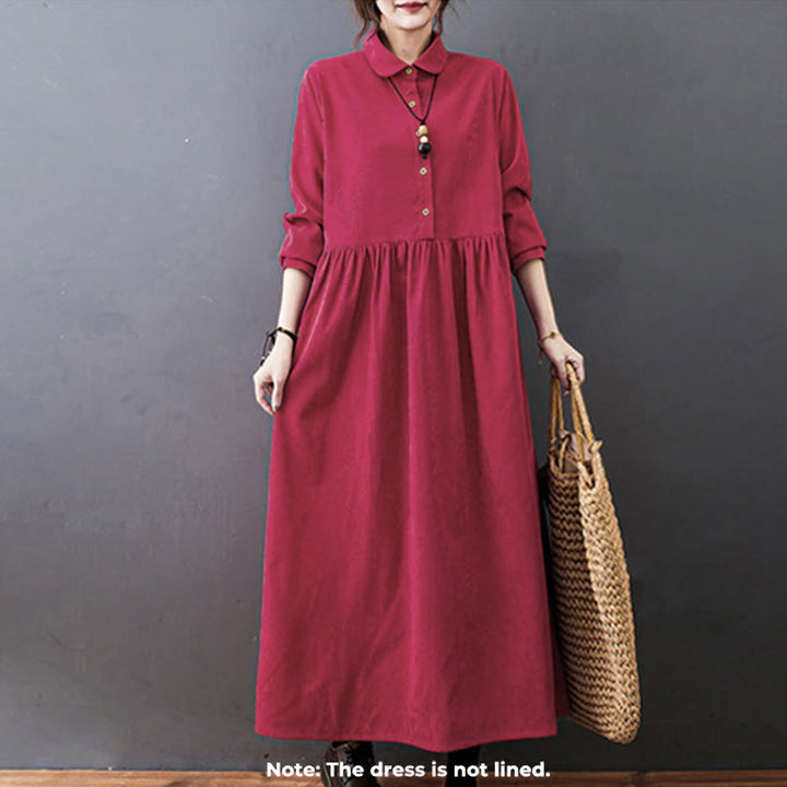 Buddha Stones Fall Buttons Design Long Sleeve Cotton Corduroy Midi Dress With Pockets - image 10