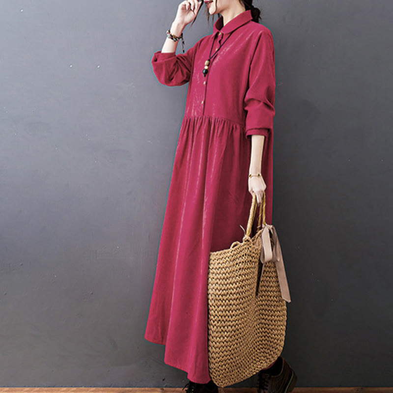 Buddha Stones Fall Buttons Design Long Sleeve Corduroy Midi Dress With Pockets - image 14