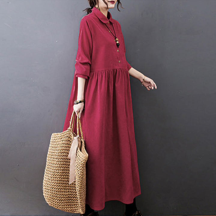 Buddha Stones Fall Buttons Design Long Sleeve Corduroy Midi Dress With Pockets - image 11