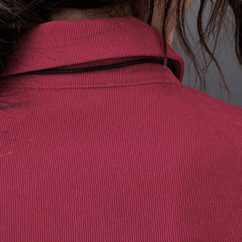 Buddha Stones Fall Buttons Design Long Sleeve Cotton Corduroy Midi Dress With Pockets - image 18