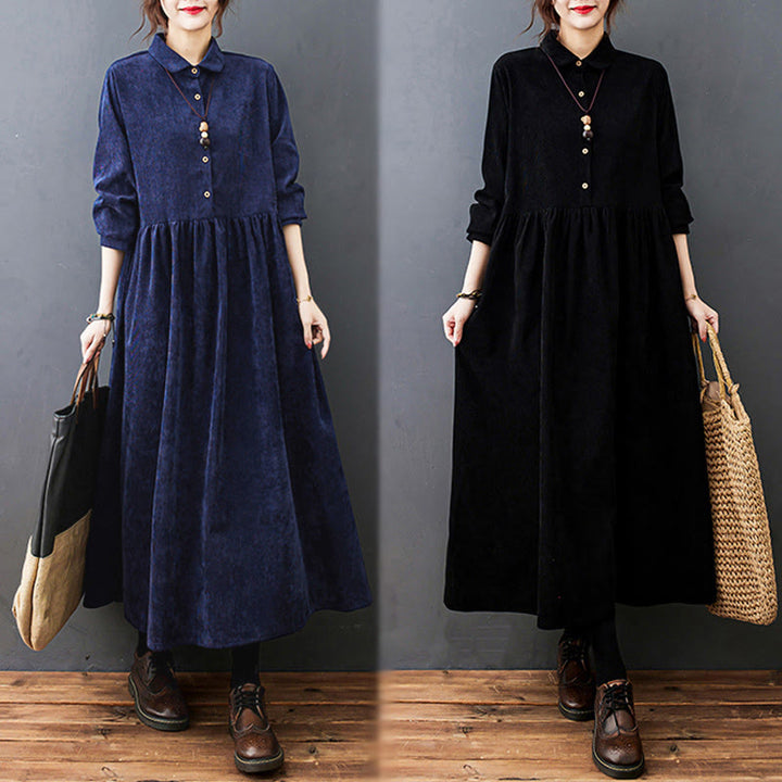 Buddha Stones Fall Buttons Design Long Sleeve Cotton Corduroy Midi Dress With Pockets - image 27