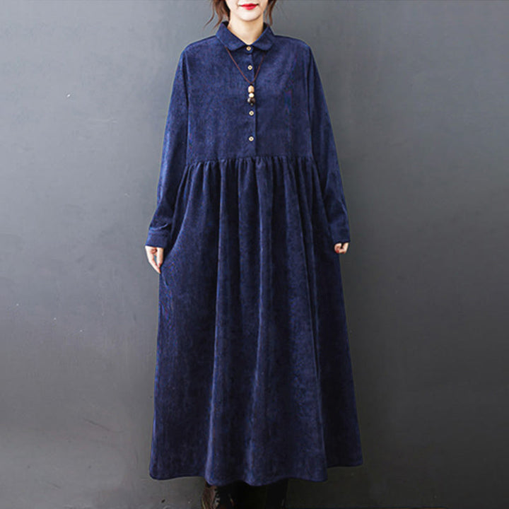 Buddha Stones Fall Buttons Design Long Sleeve Cotton Corduroy Midi Dress With Pockets - image 23