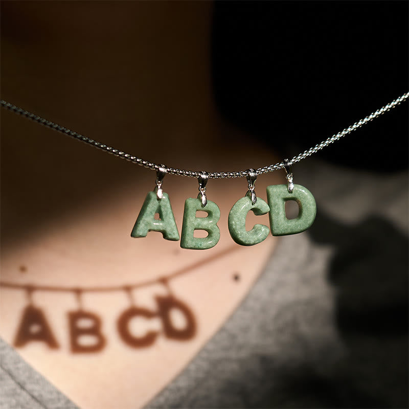 Buddha Stones Natural A-Z Letter Jade Titanium Steel Wide Chain Prosperity Necklace Pendant - image 41