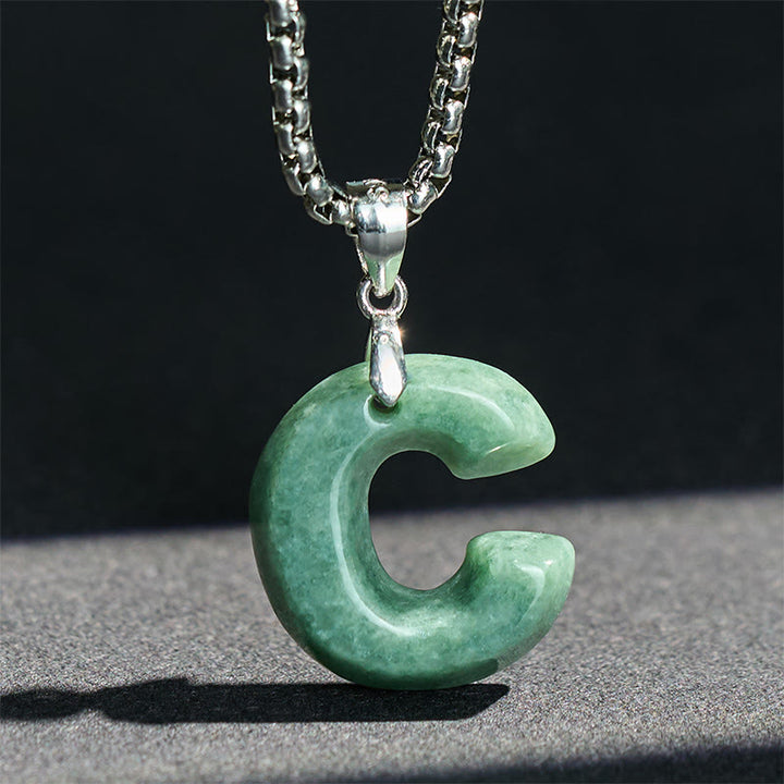 Buddha Stones Natural A-Z Letter Jade Titanium Steel Wide Chain Prosperity Necklace Pendant - image 10
