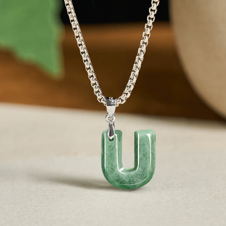 Buddha Stones Natural A-Z Letter Jade Titanium Steel Wide Chain Prosperity Necklace Pendant - U - image 29