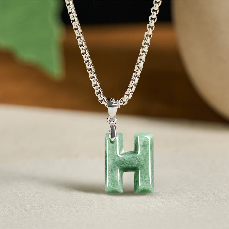 Buddha Stones Natural A-Z Letter Jade Titanium Steel Wide Chain Prosperity Necklace Pendant - H - image 16