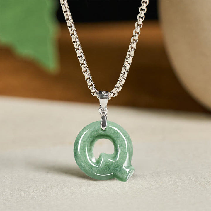 Buddha Stones Natural A-Z Letter Jade Titanium Steel Wide Chain Prosperity Necklace Pendant - Q - image 25