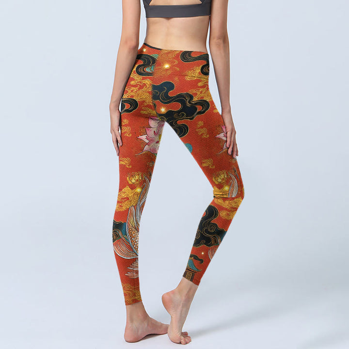 Buddha Stones Koi Fish Lotus Cloud Pattern Print Gym Leggings Women's Yoga Pants - image 4