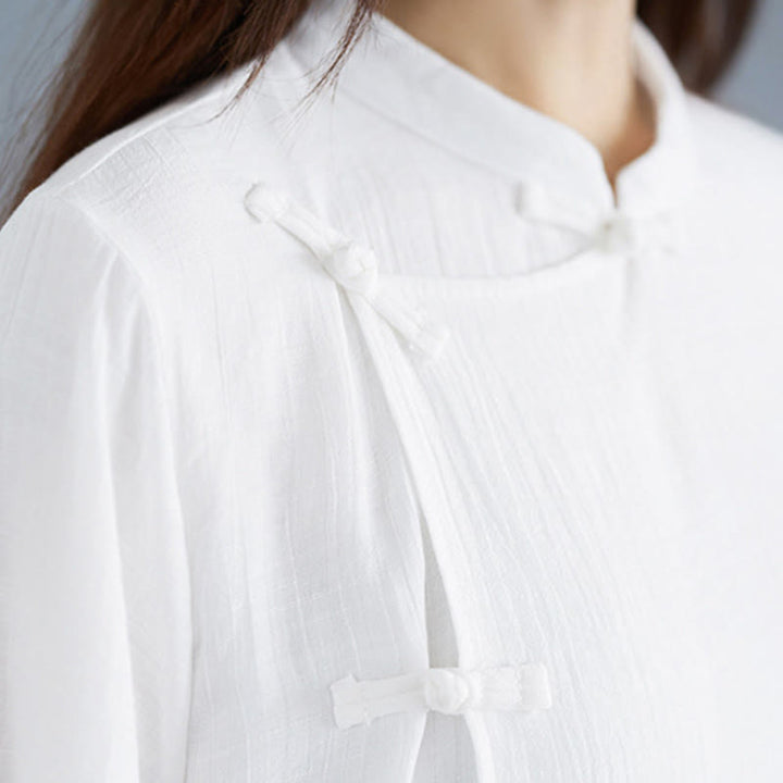 Buddha Stones 2Pcs Solid Color White Frog-Button Three Quarter Sleeve Shirt Wide Leg Pants Meditation Zen Clothing Women's Set - image 11