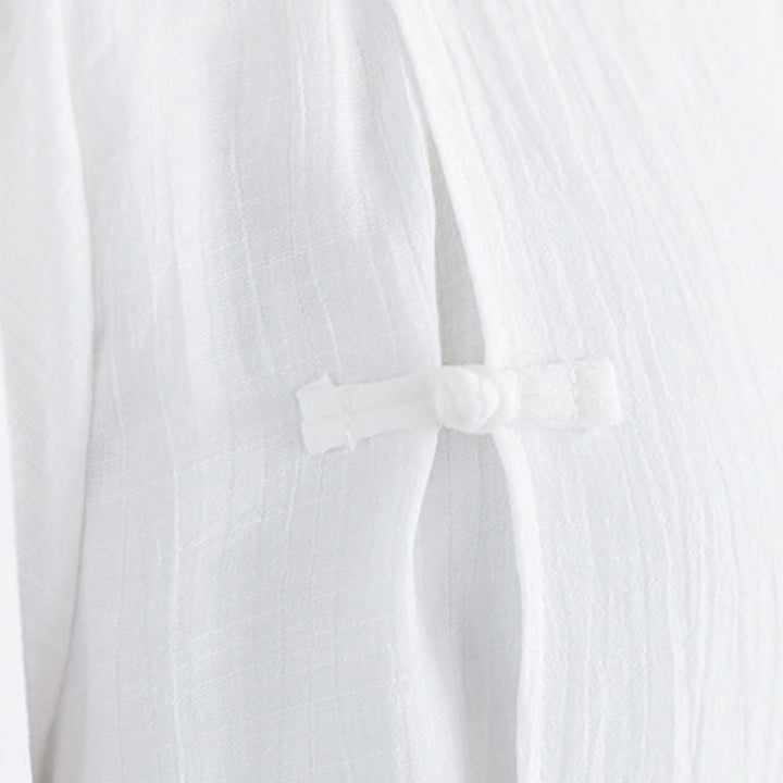 Buddha Stones 2Pcs Solid Color White Frog-Button Three Quarter Sleeve Shirt Wide Leg Pants Meditation Zen Clothing Women's Set - image 12