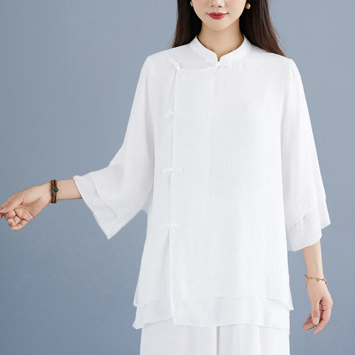 Buddha Stones 2Pcs Solid Color White Frog-Button Three Quarter Sleeve Shirt Wide Leg Pants Meditation Zen Clothing Women's Set - image 6