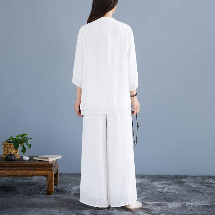 Buddha Stones 2Pcs Solid Color White Frog-Button Three Quarter Sleeve Shirt Wide Leg Pants Meditation Zen Clothing Women's Set - image 3