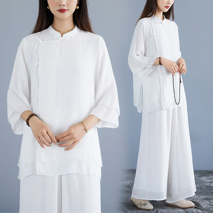 Buddha Stones 2Pcs Solid Color White Frog-Button Three Quarter Sleeve Shirt Wide Leg Pants Meditation Zen Clothing Women's Set - image 8