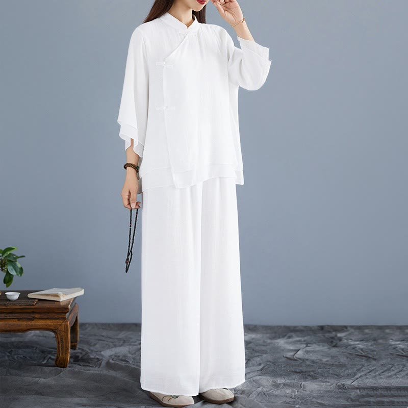 Buddha Stones 2Pcs Solid Color White Frog-Button Three Quarter Sleeve Shirt Wide Leg Pants Meditation Zen Clothing Women's Set - image 1