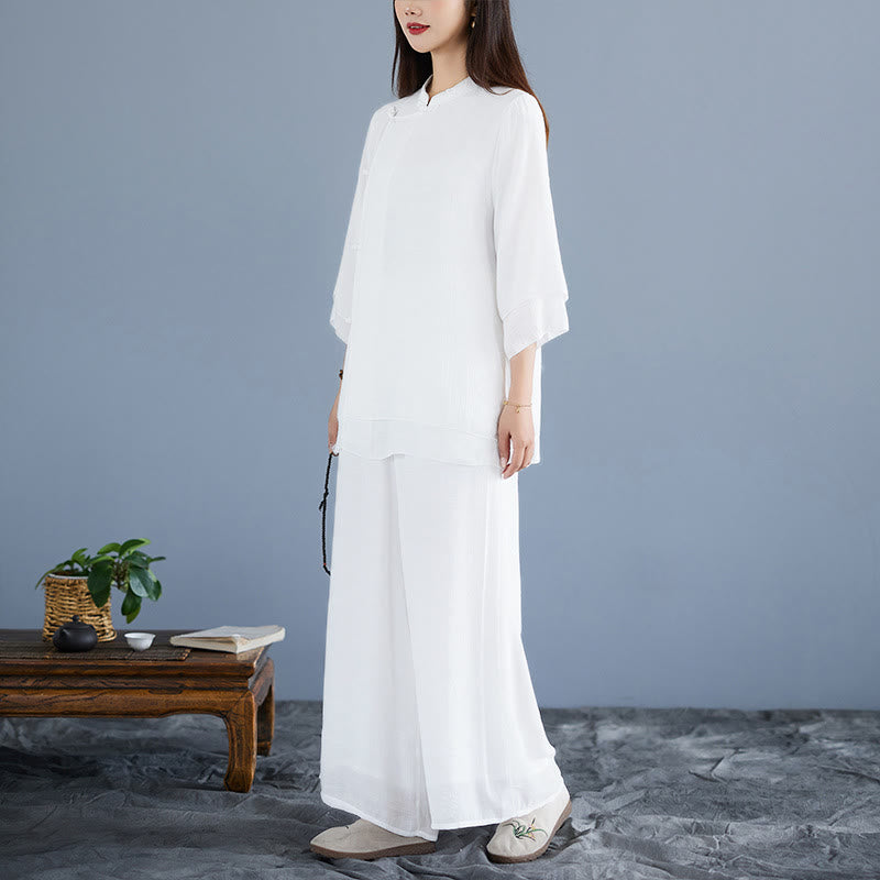 Buddha Stones 2Pcs Solid Color White Frog-Button Three Quarter Sleeve Shirt Wide Leg Pants Meditation Zen Clothing Women's Set - image 4