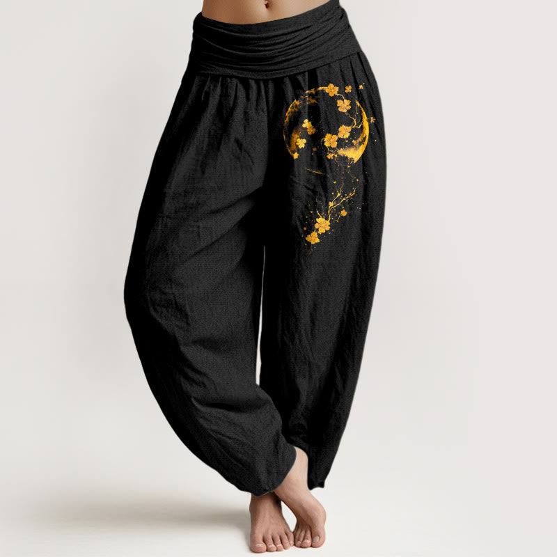 Buddha Stones Pure Cotton Brightly Colored Moon Flower Vine Pattern Women's Elastic Waist Harem Pants - Black - US16，UK/AU20，EU48 (3XL) - image 0
