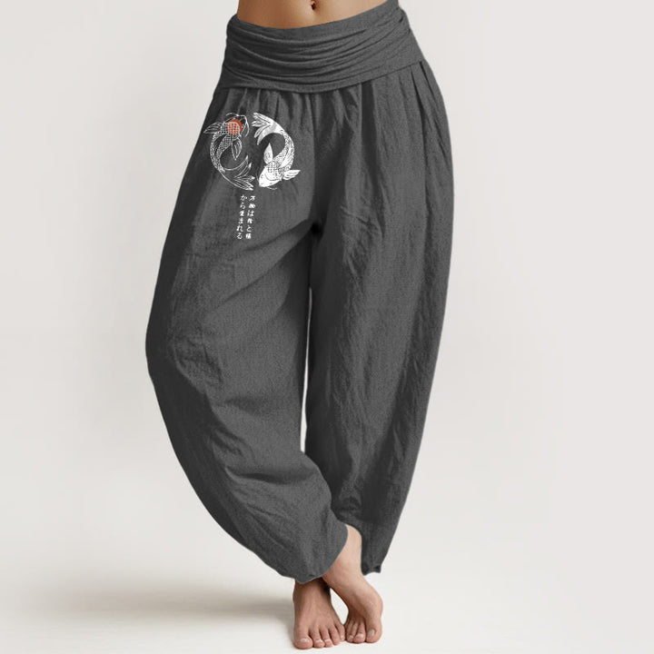 Buddha Stones Pure Cotton Koi Fish Pattern Women's Elastic Waist Harem Pants - DimGray - US16，UK/AU20，EU48 (3XL) - image 0