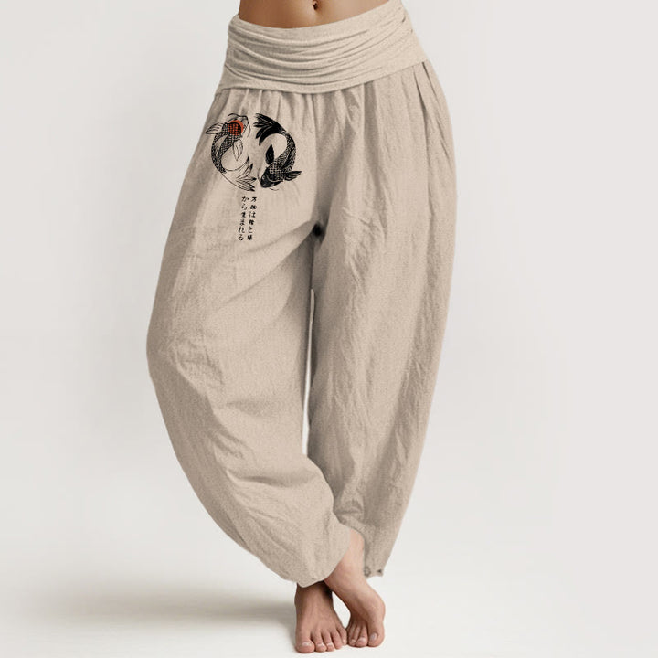 Buddha Stones Pure Cotton Koi Fish Pattern Women's Elastic Waist Harem Pants - Tan - US16，UK/AU20，EU48 (3XL) - image 11