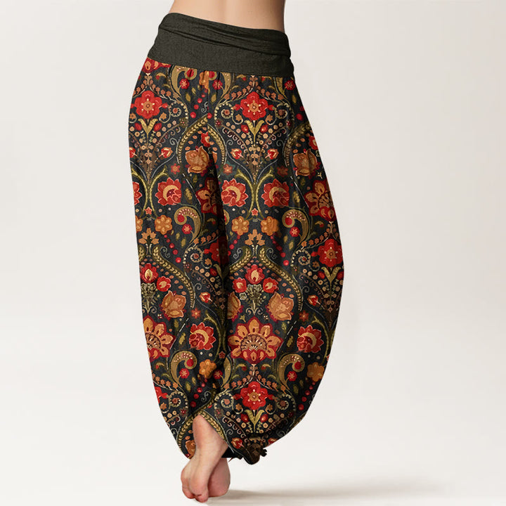 Buddha Stones Cotton Colorful Flower Leaf Scroll Pattern Women's Elastic Waist Harem Pants - image 1
