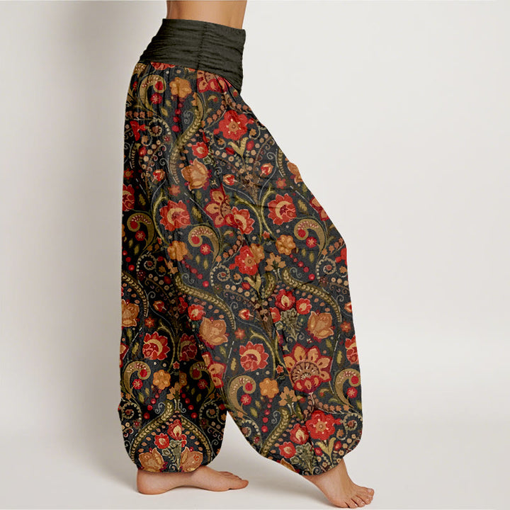Buddha Stones Cotton Colorful Flower Leaf Scroll Pattern Women's Elastic Waist Harem Pants - image 2