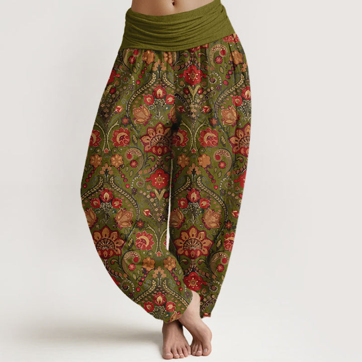 Buddha Stones Cotton Colorful Flower Leaf Scroll Pattern Women's Elastic Waist Harem Pants - YellowGreen - US16，UK/AU20，EU48 (3XL) - image 5