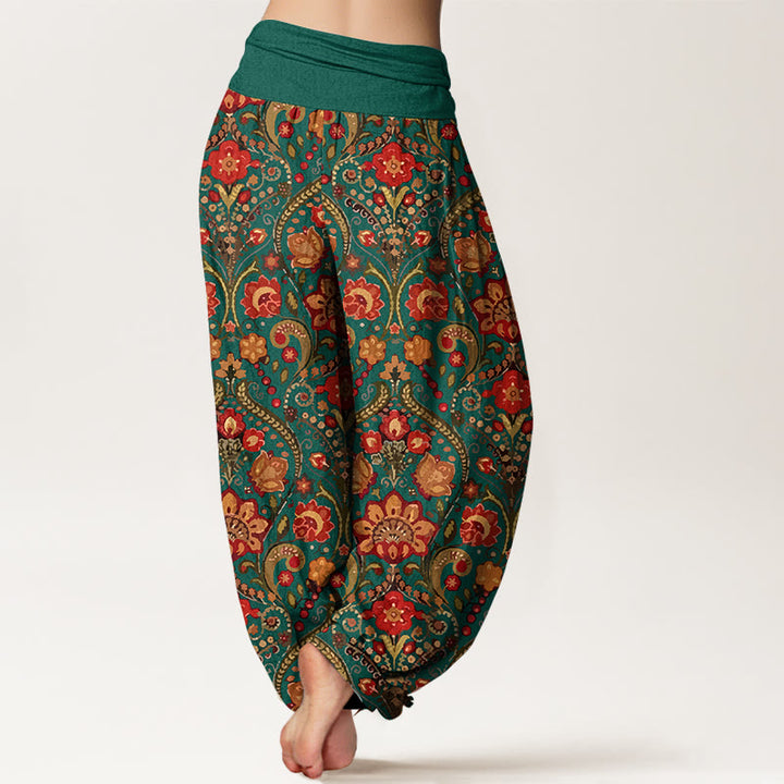 Buddha Stones Cotton Colorful Flower Leaf Scroll Pattern Women's Elastic Waist Harem Pants - image 9