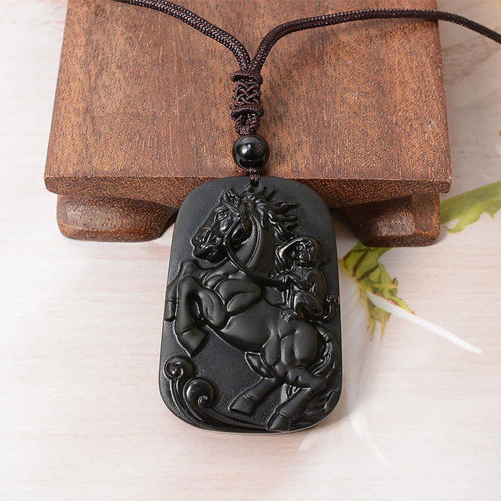 Buddha Stones Year of the Horse Monkey Design Black Obsidian Purification Necklace Pendant - image 2