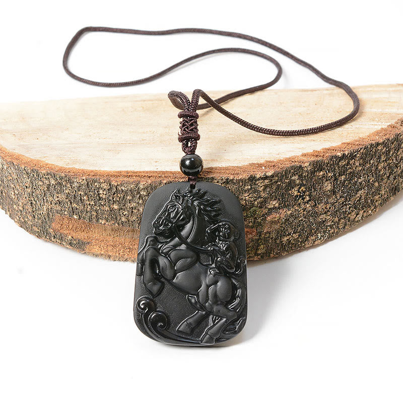 Buddha Stones Year of the Horse Monkey Design Black Obsidian Purification Necklace Pendant - image 0