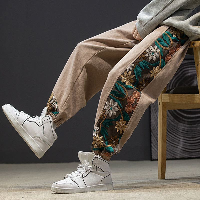 Buddha Stones Spring Men's Embroiderd Flower Pattern Patchwork Cotton Pants With Pockets - image 17