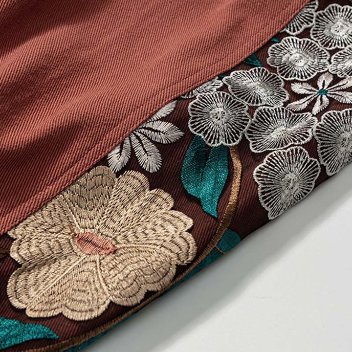 Buddha Stones Spring Men's Embroiderd Flower Pattern Patchwork Cotton Pants With Pockets - image 10