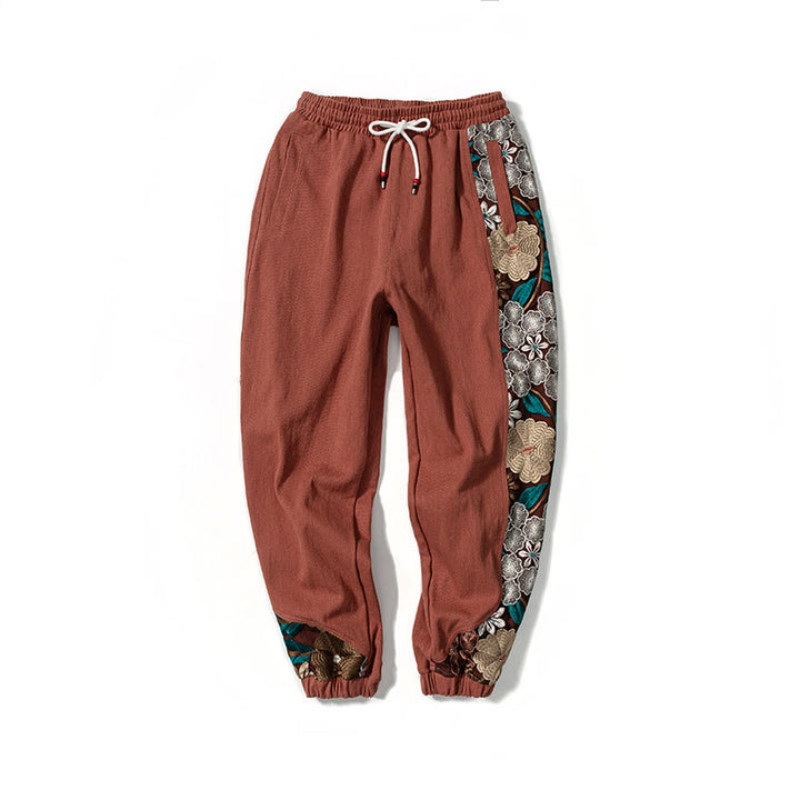 Buddha Stones Spring Men's Embroidered Flower Pattern Patchwork Cotton Pants With Pockets - image 13