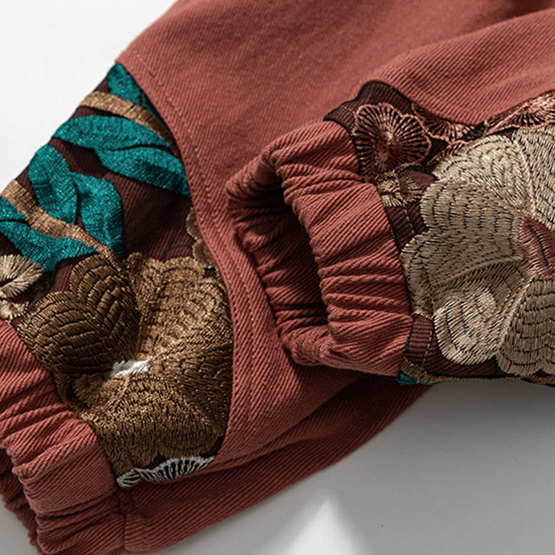 Buddha Stones Spring Men's Embroiderd Flower Pattern Patchwork Cotton Pants With Pockets - image 11