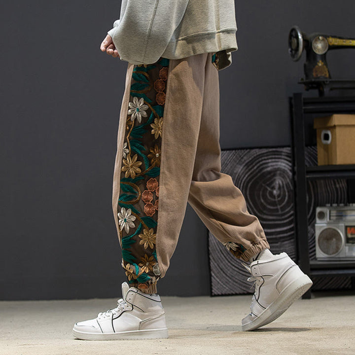 Buddha Stones Spring Men's Embroiderd Flower Pattern Patchwork Cotton Pants With Pockets - image 15