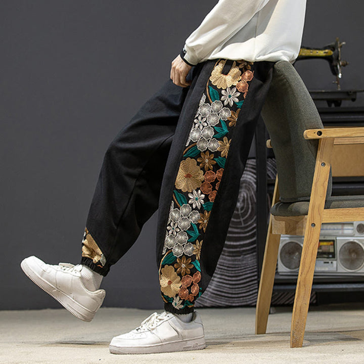 Buddha Stones Spring Men's Embroidered Flower Pattern Patchwork Cotton Pants With Pockets - image 1