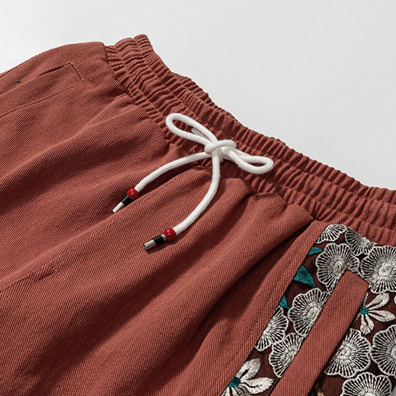 Buddha Stones Spring Men's Embroidered Flower Pattern Patchwork Cotton Pants With Pockets - image 9