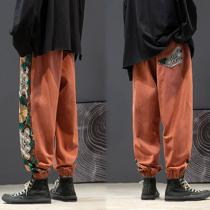 Buddha Stones Spring Men's Embroidered Flower Pattern Patchwork Cotton Pants With Pockets - image 8