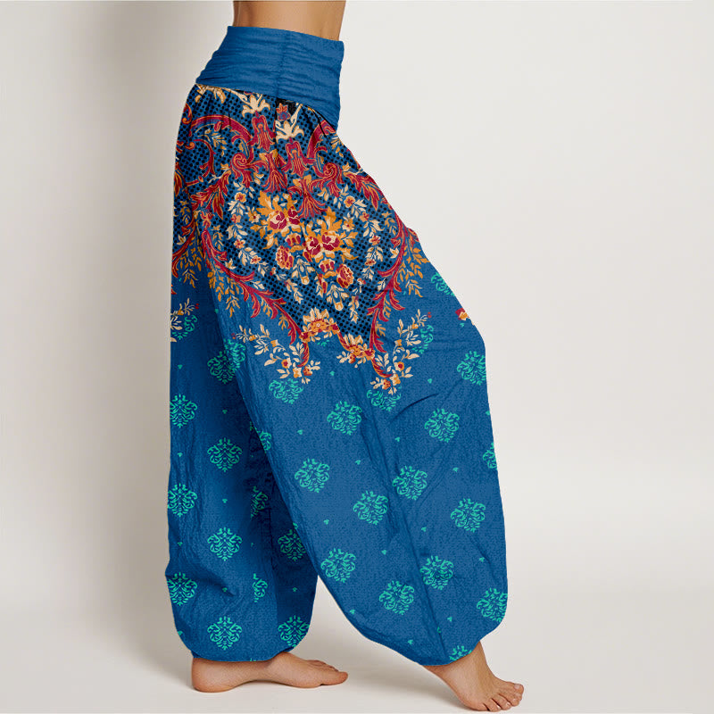 Buddha Stones Cotton Symmetrical Leaf  Scroll Pattern Women's Elastic Waist Harem Pants - image 2
