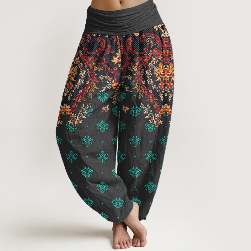 Buddha Stones Cotton Symmetrical Leaf  Scroll Pattern Women's Elastic Waist Harem Pants - Black - US16，UK/AU20，EU48 (3XL) - image 5