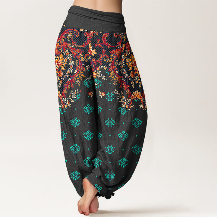 Buddha Stones Cotton Symmetrical Leaf  Scroll Pattern Women's Elastic Waist Harem Pants - image 6