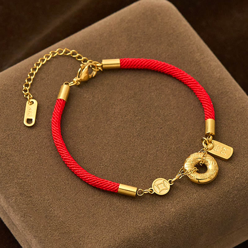Buddha Stones Peace Buckle Attract Fortune Charm Titanium Steel Red String Connection Bracelet - Red String(Wrist Circumference: 15-20cm) - image 0
