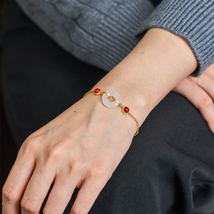 Buddha Stones Peace Buckle Hetian White Jade Copper Plated Gold Protection Bracelet - image 4