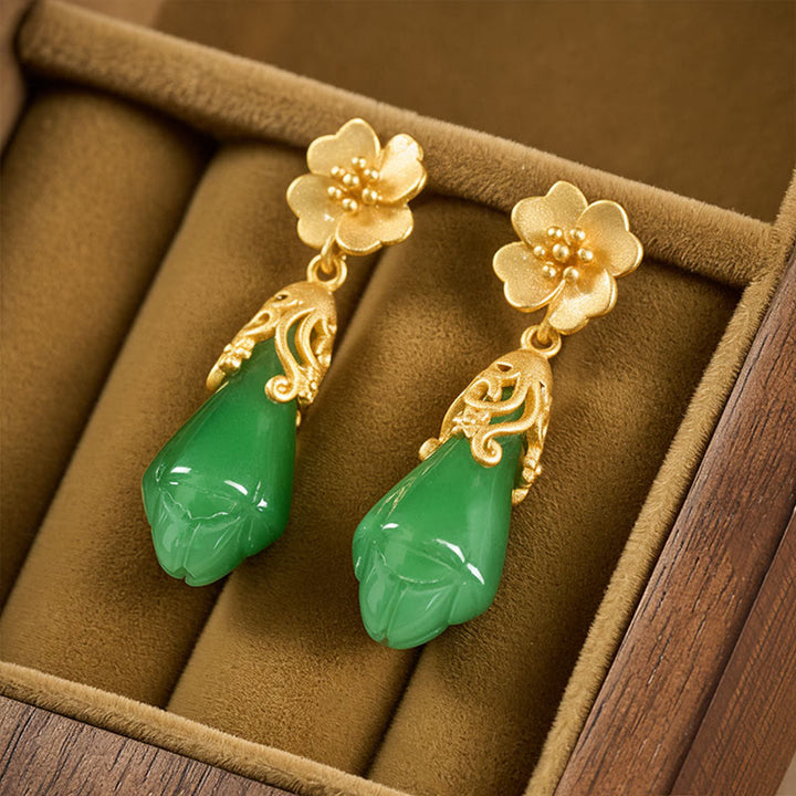 Buddha Stones Magnolia Flower Green Jasper Copper Plated Gold Balance Earrings - image 1