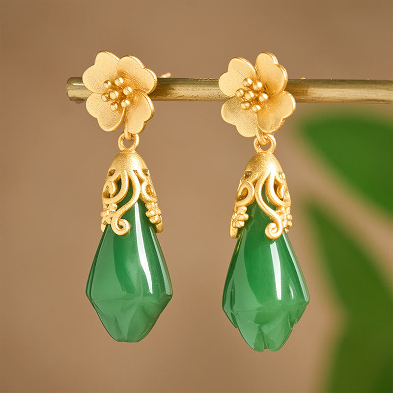 Buddha Stones Magnolia Flower Green Jasper Copper Plated Gold Balance Earrings - image 3