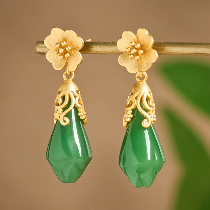 Buddha Stones Magnolia Flower Green Jasper Copper Plated Gold Balance Earrings - image 3