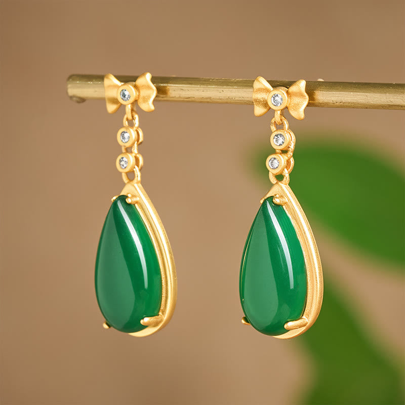 Buddha Stones Waterdrop Design Green Jasper Copper Plated Gold Balance Earrings - image 3
