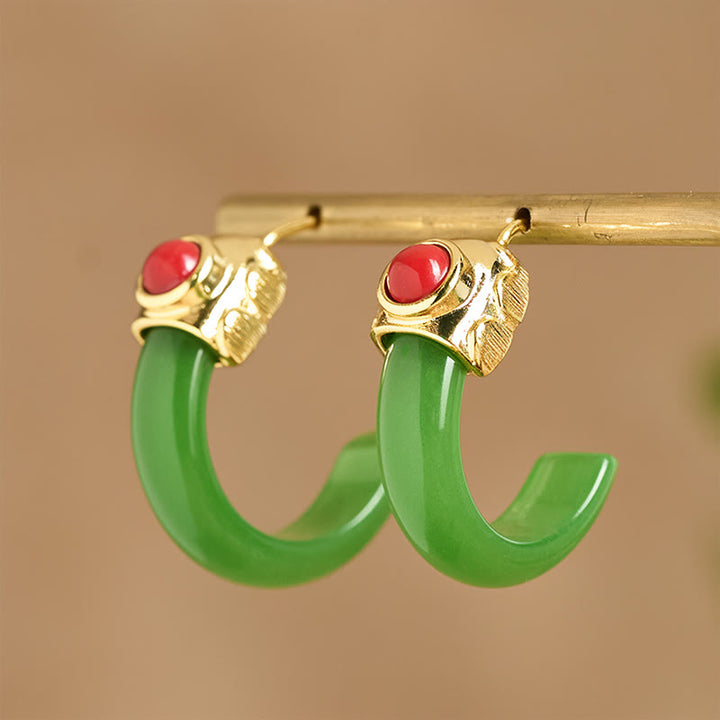 Buddha Stones Round Hoop Design Hetian Jade Copper Plated Gold Abundance Earrings - image 10