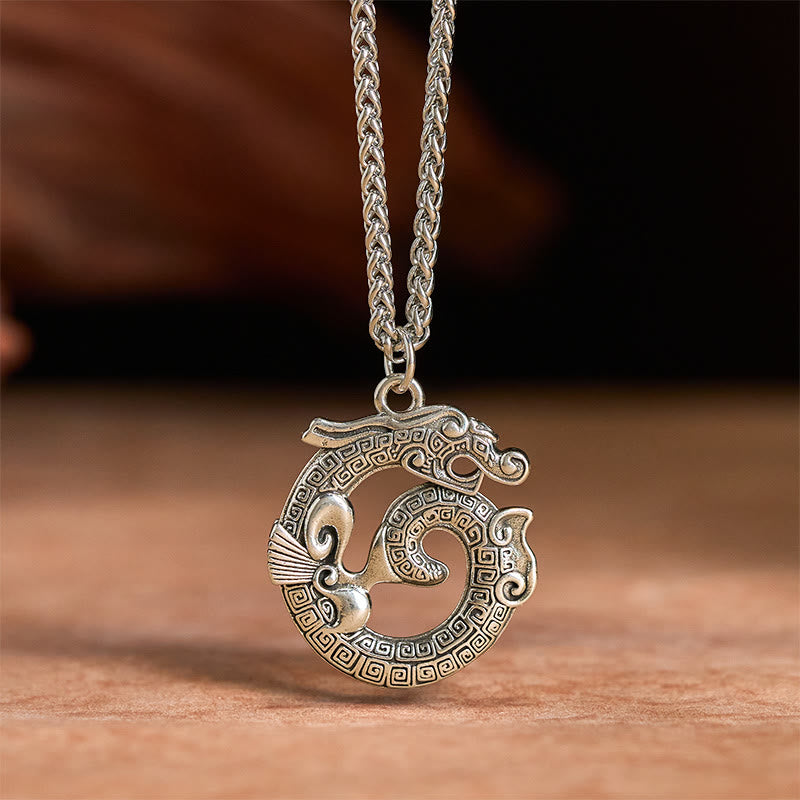 Buddha Stones Tibetan Coiling Dragon Taotie Pattern Copper Plated Silver Necklace Pendant - image 2