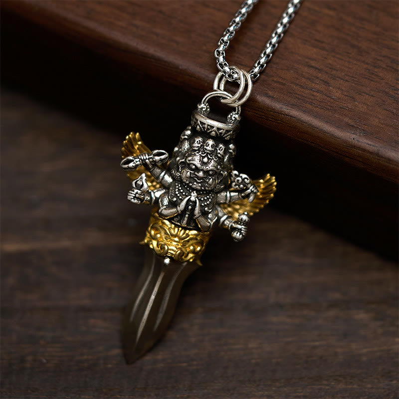 Buddha Stones Tibetan Vajra Three Heads Six Arms Design Copper Healing Spiritual Power Necklace Pendant - image 1