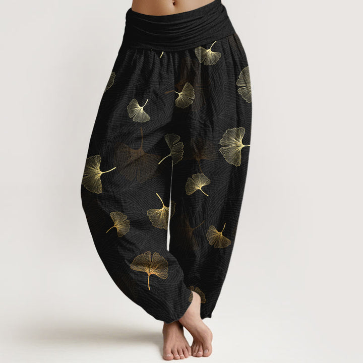 Buddha Stones Cotton Elegant Ginkgo Pattern Women's Elastic Waist Harem Pants - Black - US16，UK/AU20，EU48 (3XL) - image 0